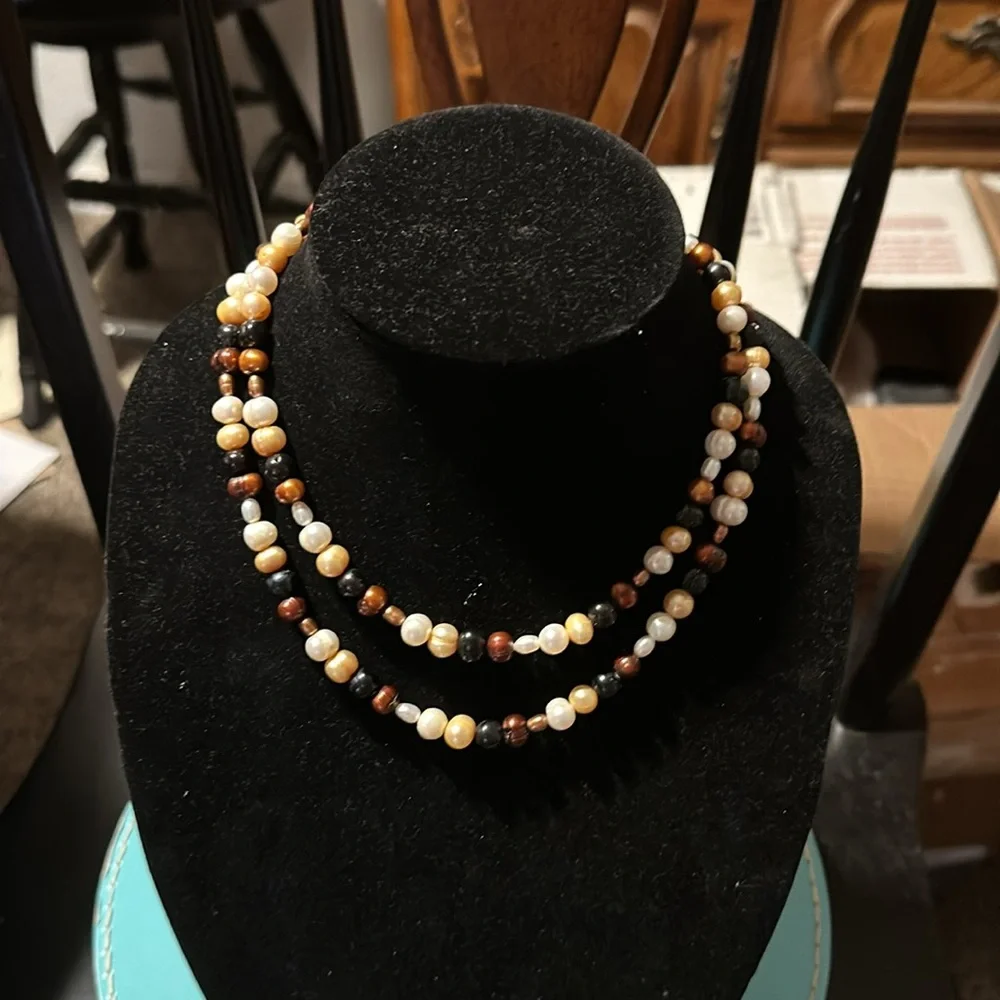 Freshwater Multi-Color Pearl Necklace. (Brown Copper, Gold and Off White tones) - Picture 1 of 4